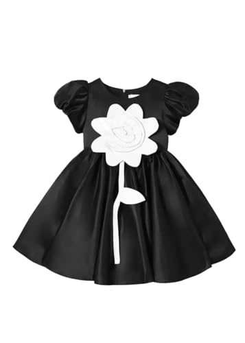Image of Buy & Try Girls Satin Rose Flowered Frock Dress, Puff Sleeves, Knee Length Elegant Occasion Outfit