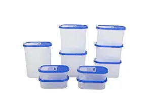 Cutting EDGE Flip-Top Modular Dispenser (0.5LX4, 1.2LX3, 1.8LX2, 2.4LX1) Containers Oval Set for Rice, Dal,Atta, Flour, Snacks, Set of 10 - Blue Lids (Free Plain Lids extra for each container)