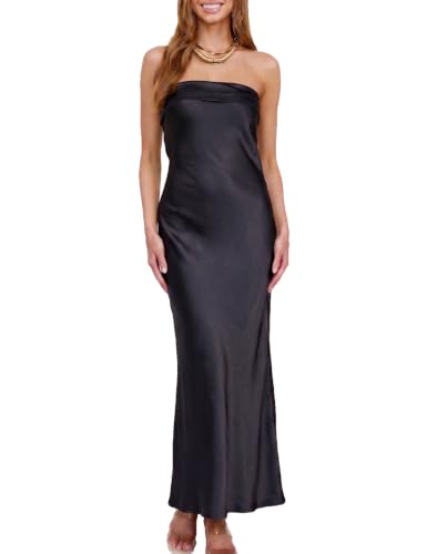 Image of Realtix Summer Satin Strapless Backless Maxi Dress for Women Wedding Guest