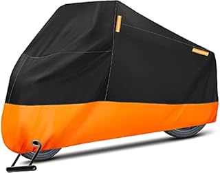 Puroma Motorcycle Cover, XXX-Large Waterproof Motorbike Cover Outdoor Indoor Scooter Shelter Protection with 4 Reflective Strips for Harley Davidson, Honda, Suzuki, Kawasaki, Yamaha (Black & Orange)