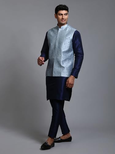 Image of VM Men's Grey And Cream Silk Blend Jacket, Kurta and Pyjama Set