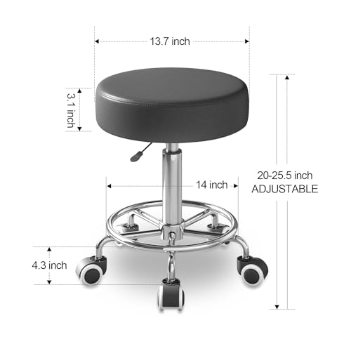 Image of Rolling Stool, Heavy Weight Capacity 250lb, PU Leather Rolling stools, Ultra Soft Padded Seat, Rolling Stools with Wheels and Footrest, 360 Swivel, Spa Drawing Salon Work Office Tattoo Stool (black)