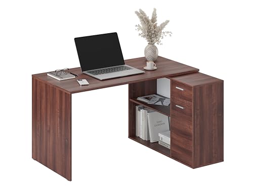 RICOO Eckschreibtisch mit Stauraum Braun Opera Walnuss WM083-OW L Form Schreibtisch mit Schubladen 136x101x75 cm Computertisch Bürotisch PC Tisch Ecke Winkelschreibtisch Schreibtische Holz