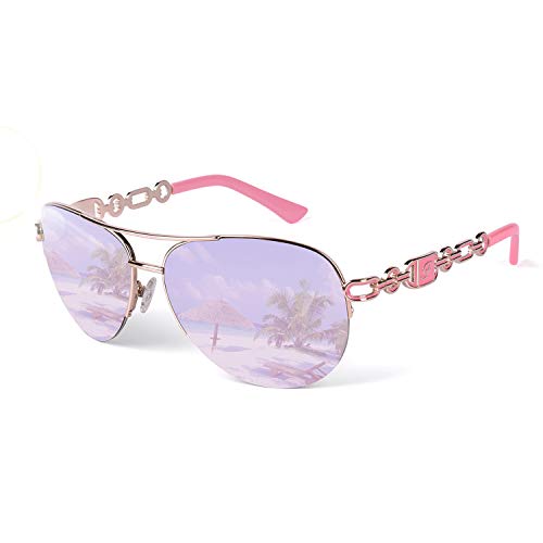 Preisvergleich Produktbild FONHCOO Sonnenbrille Damen Pilotenbrille Verspiegelt Metallrahmen UV Schutz Blendschutz (Rosa)