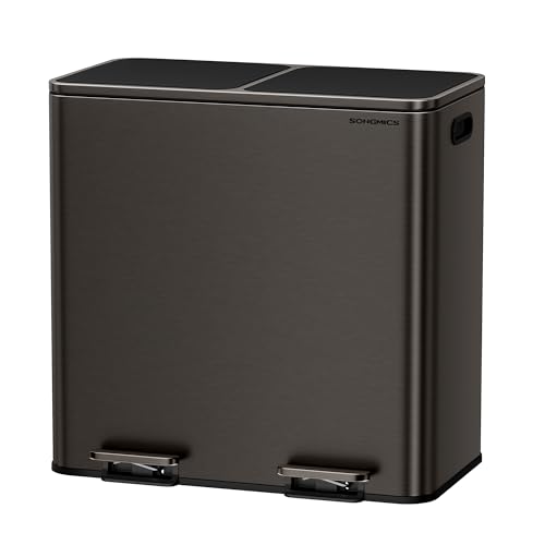 Image of SONGMICS Trash Can, 2 x 10.6 Gallon (2 x 40 L), Slate Gray | Garbage Can for Kitchen, with 15 Trash Bags, 2 Compartments, Plastic Inner Buckets and Hinged Lids, Airtight, ULTB730G01V1