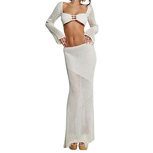 Owl's-Yard Women's Sexy 2 Piece Skirt Sets Crochet Knit Tops with Split Maxi Skirts Club Party Fashion Outfits3