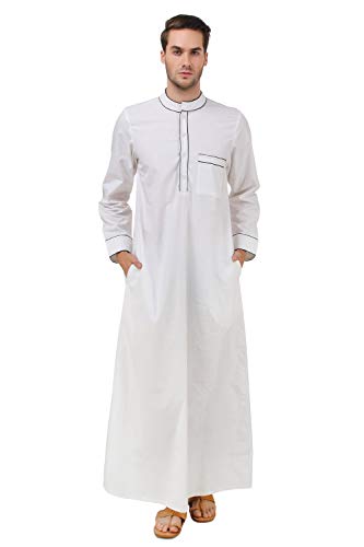 MyBatua algodón Blanco Galabiyya, Trajes de los Hombres, Estilo árabe Thobe, dishdash, Ropa Musulmana GM-036 (XS)