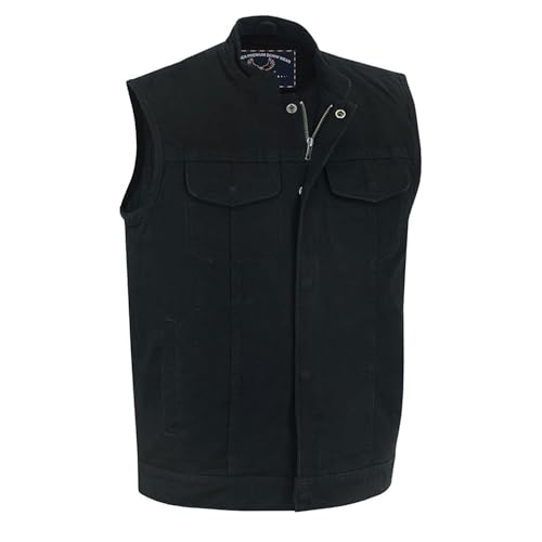Hugger Men’s Black Denim Motorcycle Vests Bikers Club Vest with Concealed Carry Pockets & Hidden Zipper