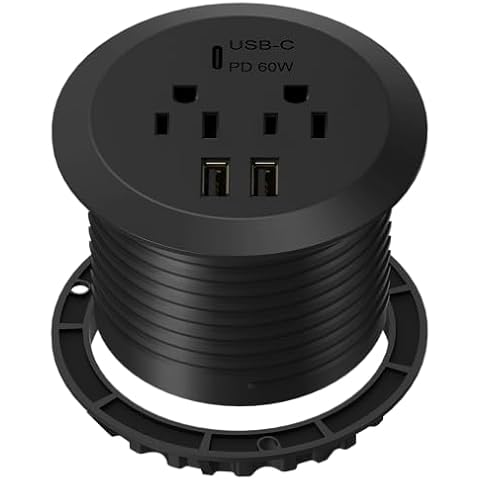 TOPGREENER Desktop Power Grommet with 65W PD Fast Charging USB C, GaN Desk Grommet for MacBook, 2 USB-A Ports and Duplex Receptacles, 3” Diameter Power Grommet, TTRP48APD60-BK, Black Cover