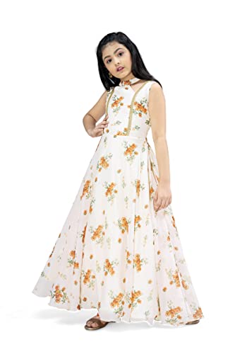 Image of Fashion Dream Girls Tabby Silk Maxi Length Printed Dress|Girls Maxi Dress|Long Dress|Long Gown Dress(Light Peach 11-12 Year)