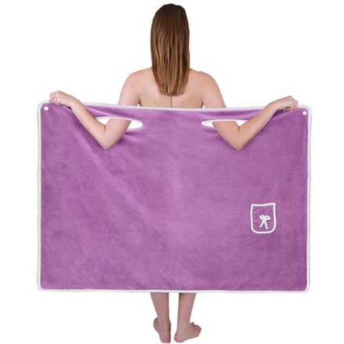 AUYAO Bademäntel Tragbar, 80 x 145 cm Schnelltrocknend Bademantel für Damen Herren, Extra Weicher Saugfähig Badetuch mit Taschen und Knöpfen für Dusche Spa Pool Reisefreundlich (Hellviolett)