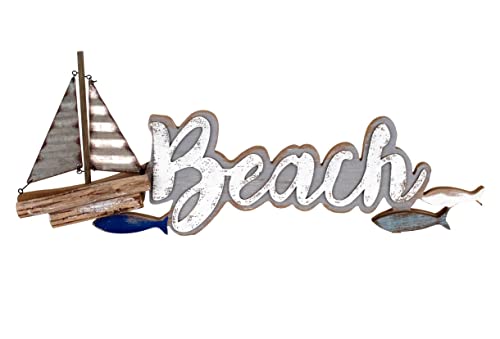 SGRIMALT Déco murale Marine : Lettrage Beach et Bateau Bois et Zinc, L 58 cm