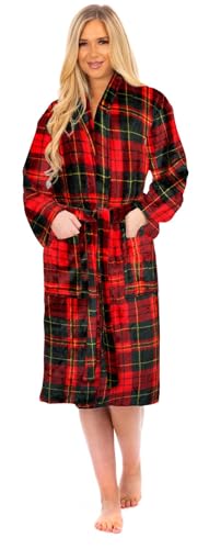 Image of Adore Home Ladies Fleece Shawl Collar Dressing Gown, Check Red, L-XL