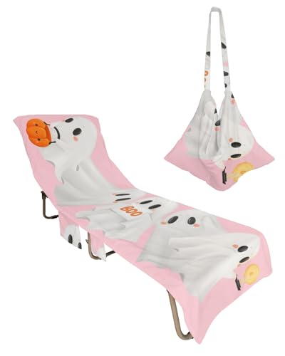 Halloween Beach Chair Towel Covers for Chaise Lounge With Side Pocket, Soft Plush Pool Towels Cover for Patio Sunbathing Outdoor 29''x85'' White Ghost Pumpkin Blush Pink