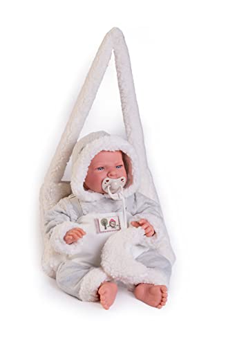 Antonio Juan Muñecas Neugeborene Lea mit Tragetuch aus Lammfell