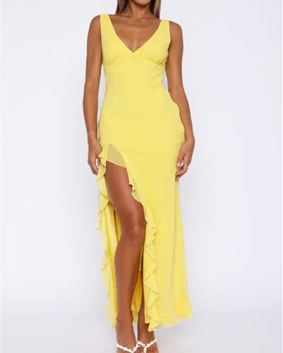 Image of houstil Women's Casual Summer Dress Strap Ruffle Beach Party Maxi Cocktail Evening Holiday Wedding Guest Dresses
