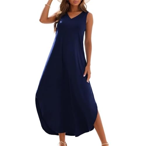 Zilcremo Women's Summer Casual Loose Sundress Long Dress Sleeveless V Neck Split Tshirt Maxi Dresses Small Navy