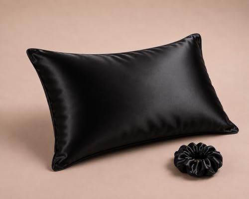 Image of FURBO 100% Pure Mulberry Silk Pillowcase with Scrunchies, Silk Pillow Cover for Hair & Skin, Soft & Smooth, Cooling, Hidden Zipper, 1 Pillowcase + 1 Scrunchies - Black