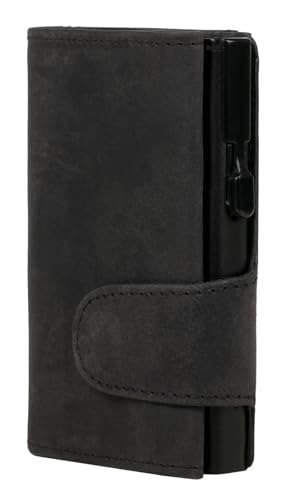 ClickSafe® Kreditkartenetui mit Münzfach und Geldscheinfach aus schwarzem Hunterleder mit schwarzem Aluminium Tresor und RFID Schutz (Kartenetui, Kartenhalter, Slim Wallet)