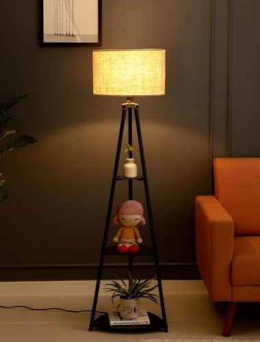 Image of Aesthetic Yellow Metal Floor Lamp with 3 Shelves Stylish Standing Lamp for Living Room Decoration Bedroom Bedside Corner Stand