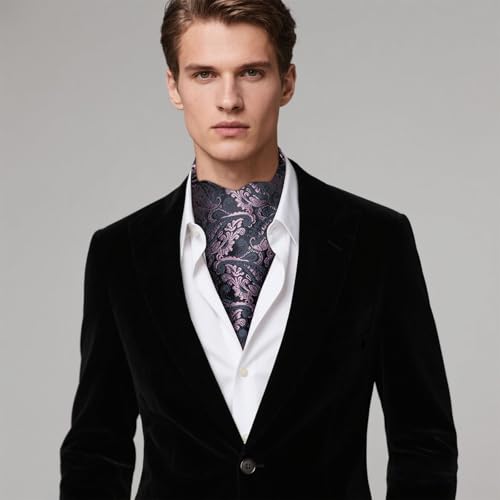 Image of Hi-Tie Silk Ascot for Men Self Tie Men's Cravat and Flower Lapel Pin Handkerchief Cufflinks Set for Wedding Party