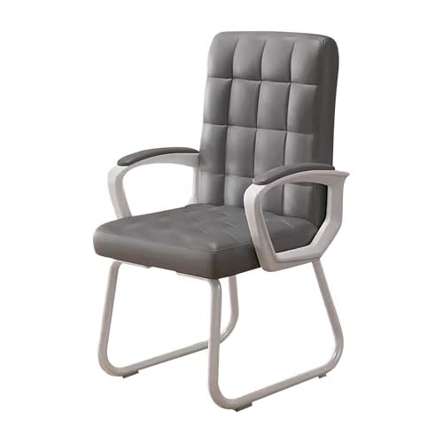 Silla de oficina ergonómica sin ruedas, silla de escritorio de piel sintética con respaldo medio, diseño de base de trineo para recepción, sala de reuniones, elegante asiento gris cómodo