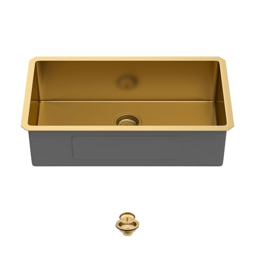 Zeayoun 30 x 16 Gold Undermount Kitchen Sink 30 Inch Kitchen Sink 304 Stainless Steel Single Bowl Under Counter Sink with Nano Coating 30x16x9