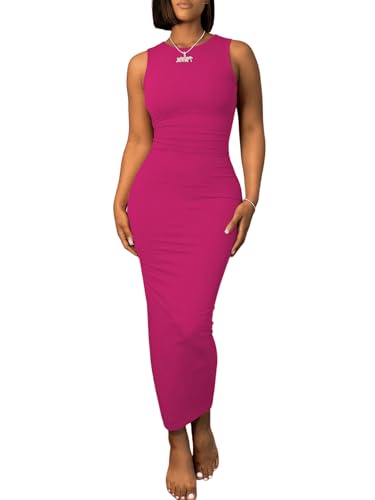 Image of Ulovmi Women's Maxi Bodycon Summer Dress Long Formal Ruched Sundress Elegant Casual Tank Sleeveless Dress Party Cocktail