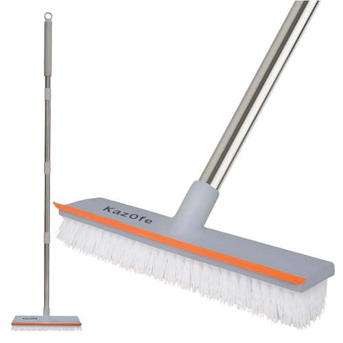 KazOfe 2-in-1 Floor Scrubbing Brush with Squeegee/Handle Bathroom Floor Cleaning Scrubber Long Handled Scrubbing Brush Hard Bristle for Deep Cleaning Kitchen Deck Tile Patio (Grey)