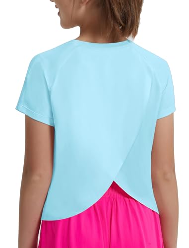 EXARUS Girls Athletic Shirts Short Sleeve Split Back Quick Dry T Shirt Workout Summer Casual Kids 6-14Y