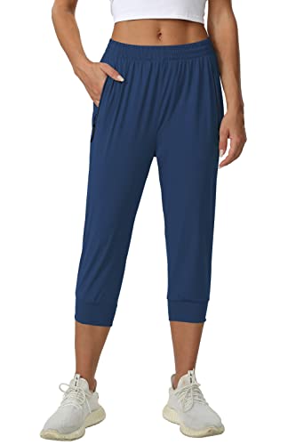 Cakulo Women's Workout Tennis Joggers Capri Pants Quick Dry Plus Size Walking Athletic Activewear Crop Lounge Wind Yoga Pants With Zipper Pockets Navy L #TOP1
