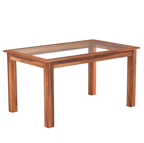 Image of SONA ART & CRAFTS Solid Sheesham Wood Dining Table 6 Seater Dining Table Set with 6 Cushion Chairs & Glass Top Dinner Table Set for Dining & Living Room Furniture for Home Restaurants (Teak Finish)