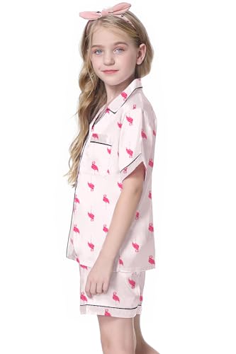 Image of Schbbbta Girls Womens Pajamas, Satin Silky Pjs Set Kids 2Pcs Button-Down Nightwear Sleepwear Gift for Mommy and me