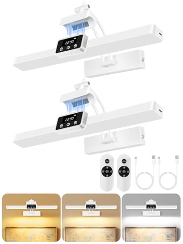 OUTON 2 Pcs 40 cm Luz Inalambrica para Cuadros, Recargable Lamparas Pared sin Cable con Mando y Táctil, Magnética, Reloj, Temporizador, Indicador de Batería, Luz Pared Regulable para Pintura, Blanco