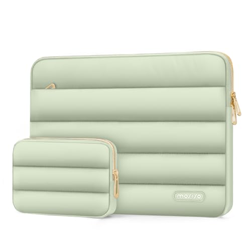 Image of MOSISO 13-14 inch Laptop Case, 13.3 inch Puffy Laptop Sleeve Compatible with MacBook Air 13 13.6 M3 M2 M1 /Pro 13 /Pro 14, HP, Dell, ASUS, Lenovo, Polyester Horizontal Bag with Small Case, Sage Green