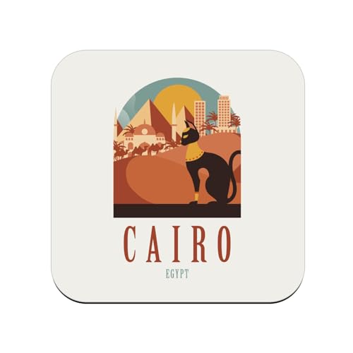 sous Verre en Bois - Cairo Egypt Illustration Le Caire Egypte Chat Pyramide Sphinx - 1 unité (95 x 95 mm)