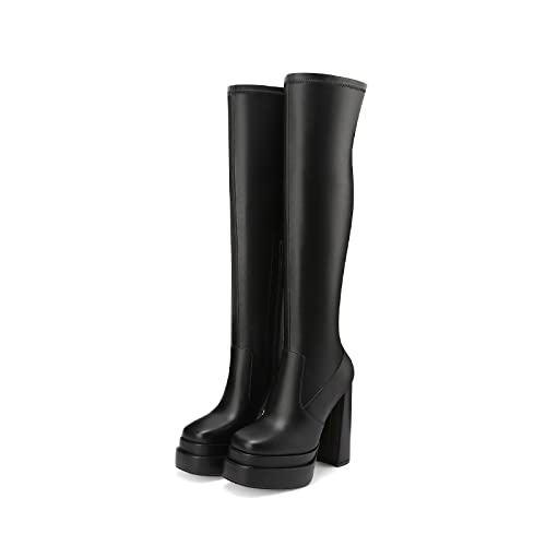 Amiuwen 5.51"/14Cm High Heeled Double Platform Boots,Ankle Bootie Or High Knee Boots,Square Toe And Side Zipper,For Party,Working,Fashion(8,Black) #TOP1