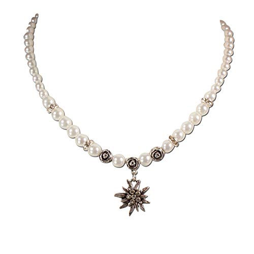 Heimatflüstern Trachtenkette Strass-Edelweiß klein & Perlen - Damen Perlenkette, Dirndlkette fürs Oktoberfest, Trachtenschmuck Kristallstein Edelweiss zur Trachtenbluse und Lederhose (creme-weiß) Cover