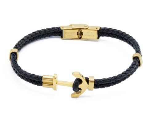 Du Sablon - Bracelet Homme Style Marin en Cuir Tressé Noir avec Ancre Dorée en Acier Inoxydable | Élégant, Léger et Original avec Fermoir Tiroir