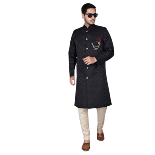 Image of Amzira Men's Ethnic Wear Black Traditional Indo Western Set (L Size) - Stylish Kurta and Dhoti with Elegant Design, Ideal for Festive Occasions and Special Events, Comfortable and Trendy Fit