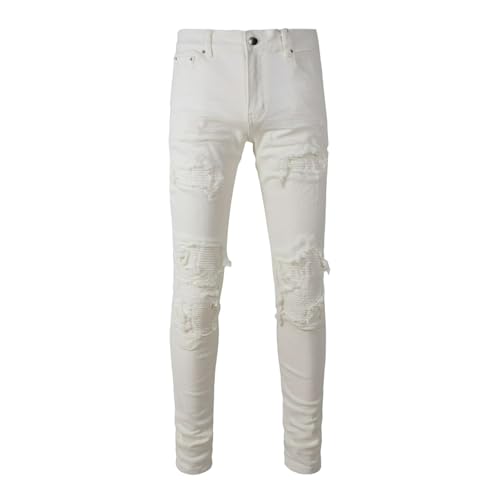 Jeans Pants Trousers Denim Men Street Trendy White Worn Hole Pierced Hairy Fringe Personalized Wrinkle Elastic Tight Stretch Slim Fit Casual Small Leg(White,31)