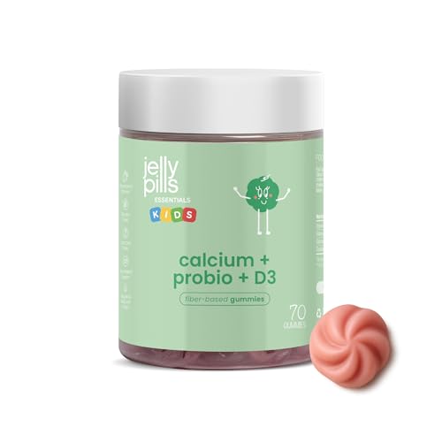 Jelly Pills Gominolas de Calcio Niños + Vitaminas D3 y K2 + Probióticos - 70 Gummies Veganas para 2 meses - Sin Azúcares Añadidos - Sabor Fresa Natural - Para Crecimiento y Huesos