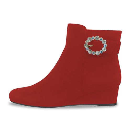 Pazzion Women Elegant Rhinestone Brooch Low Wedge Heel Ankle Boots Side Zipper Closed Toe Booties Fashion Dating Dress Shoes Size 4-16 US3