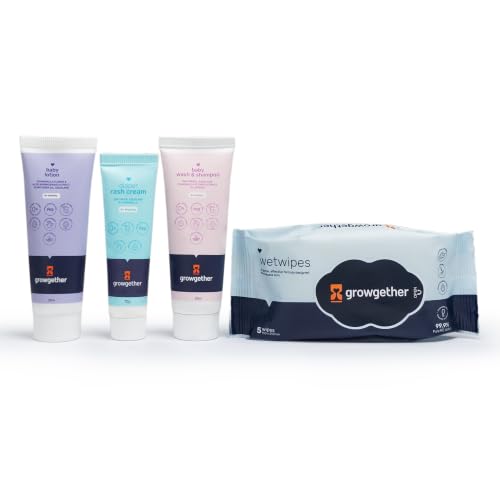 Image of Growgether Baby Travel Skin Care Essentials Kit | Newborn Baby Gift Set with Baby Wipes (5 wipe), Diaper Rash Cream (10g), Baby Lotion (20ml) & Baby Wash Shampoo (20ml) | Travel Pack of 4 Combo for Babies