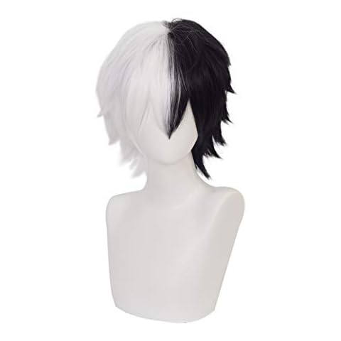 MUZI Monokuma Anime Cosplay Wig, Danganronpa Wigs, Short Black and White Wig for Show Party Game Wig with Free Wig Cap Cover