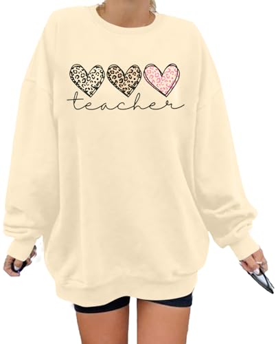Oversized Teacher Sweatshirts for Women Leopard Heart Graphic Tee Casual Crewneck Sweatshirts Long Sleeve Pullover Tops