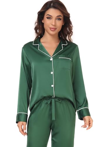 Image of Serenedelicacy Women's Satin Pajama Set Long Sleeve Button Down Sleepwear 2-Piece Silky Pj Set