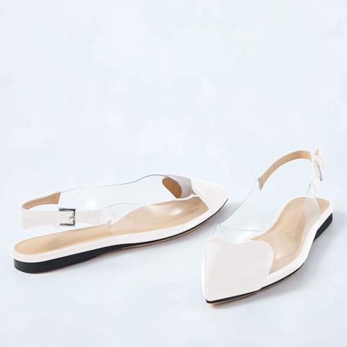 Wrynthevia VogueVent Women's Fashion Pointed Toe Heart Transparent PVC Slingback Flat Shoes Comfort Slip On Cap Toe Clear Ballet Flats Work Wedding Dress Flat Shoes for Women White Size 7.52