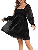 KOJOOIN Womens Puff Sleeve Square Neck Puffy Dress Babydoll Mesh Midi Dress Black S