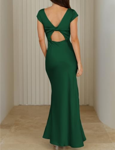 Image of Halfisland Womens Summer Satin V Neck Cap Sleeve Midi Dress Wedding Guest | 2026 Summer,Backless,Hollow Out,Long,Formal,Cocktail,Twist,Bridesmaid,Party,Baby Shower,Short Sleeve,Beach,Elegant,Evening